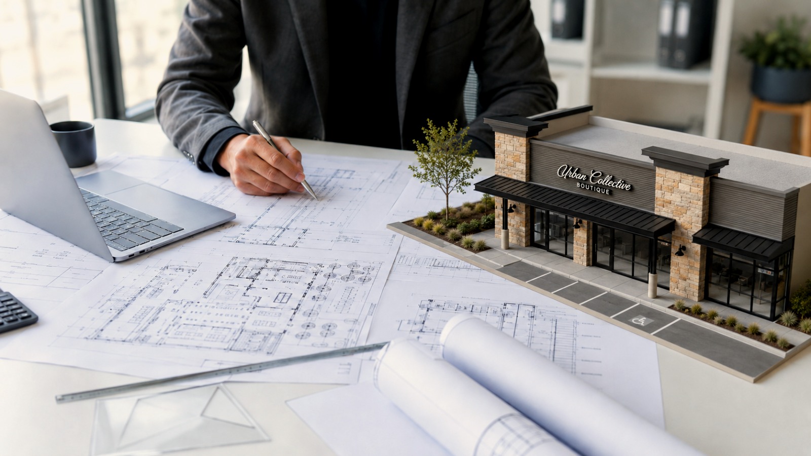 Architect reviewing commercial building plans with a scale model during a planning session